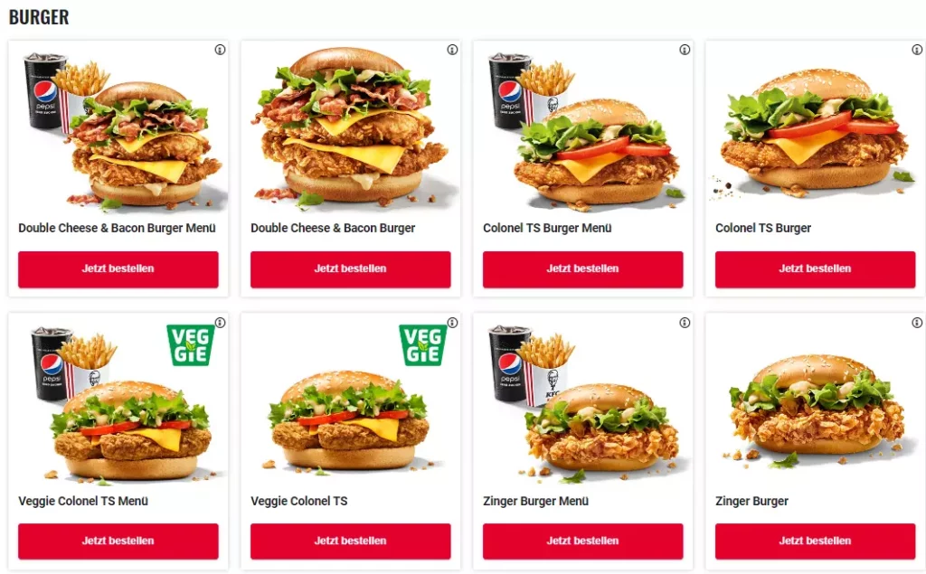 KFC Burger Speisekarte