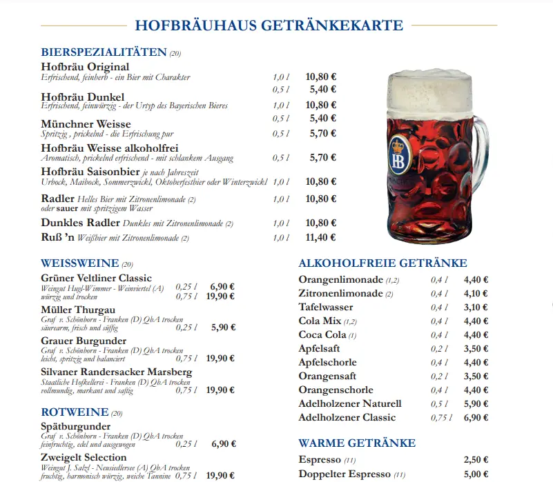 Hofbräuhaus München Drinks Karte
